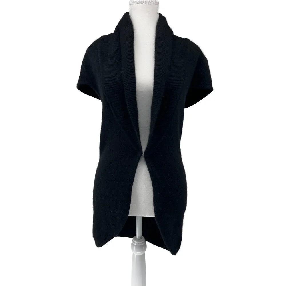Black Angora‎ Lambswool Blend Shawl Collar Short Sleeve Cardigan RN 59478 Large